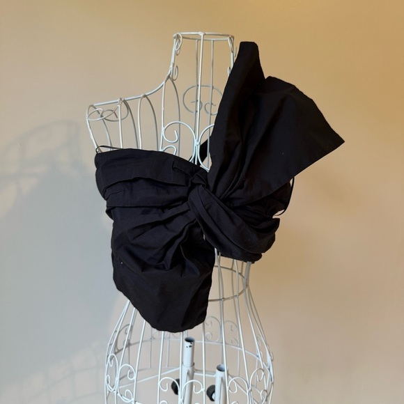 ZARA Black Asymmetrical Bow Crop Top One Shoulder Party Blouse SZ S cotton - Picture 3 of 7